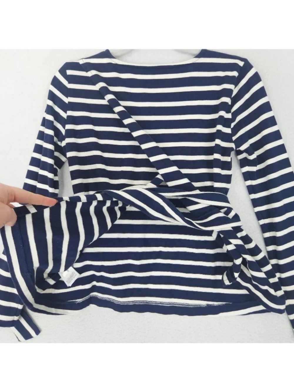 J Crew Shirt Womens XS Blue Striped Tie Waist Nautical Belted Split Back Top